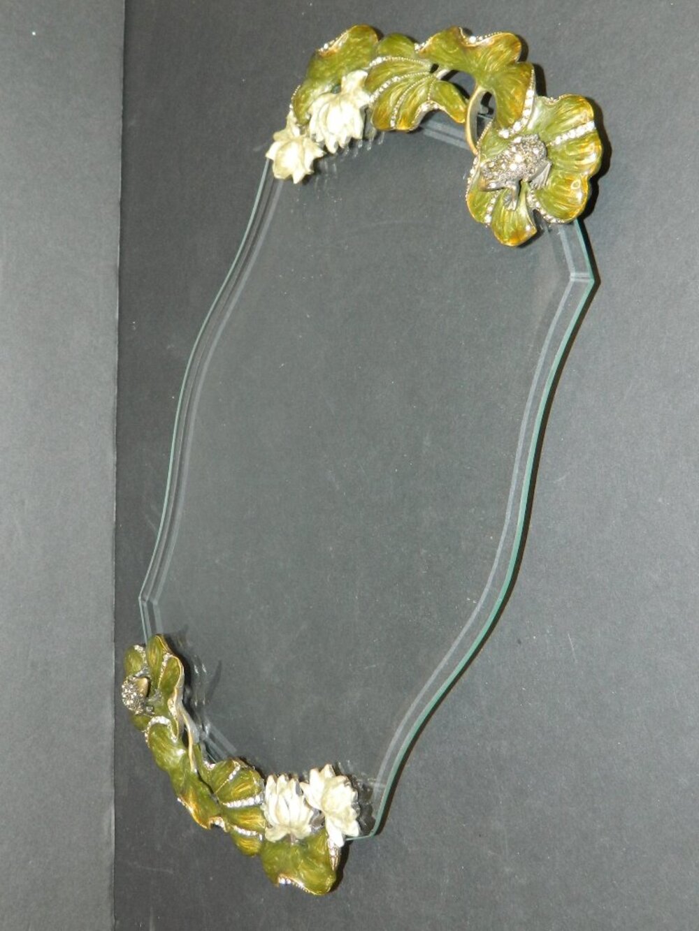 Vanity Tray- Beveled Glass- Enamel & Rhinestone Frogs, WateLilies and Lily Pads